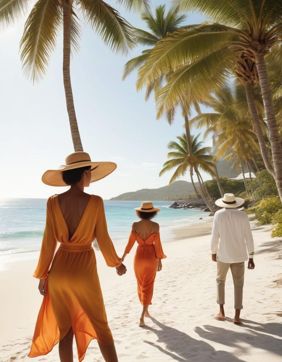 A tropical beach scene featuring elegantly dressed individuals in stylish resort wear, showcasing a variety of outfits from casual to chic. Include palm trees, a shimmering ocean in the background, and accessories like sun hats and sunglasses to enhance the vacation vibe. The warm sunlight bathes the scene, creating an inviting atmosphere. capture the essence of leisure and elegance. super-realistic. vibrant colors. white background.